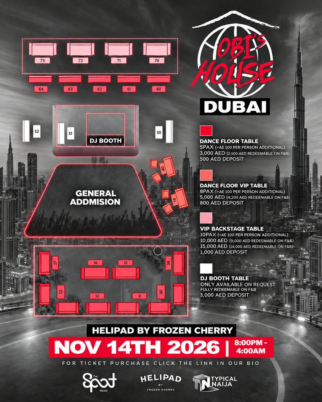 Obi's House Dubai seating map — table layout and table types at Helipad by Frozen Cherry, 14 November 2026